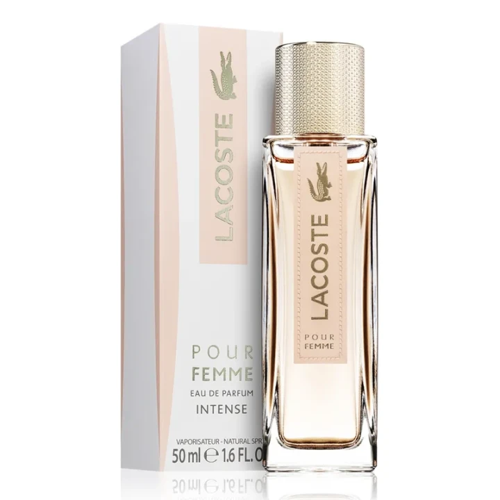 Lacoste Pour Femme – oryginalne perfumy damskie w smukłym, beżowo-transparentnym prostokątnym flakonie z srebrną zatyczką – zdjęcie produktu