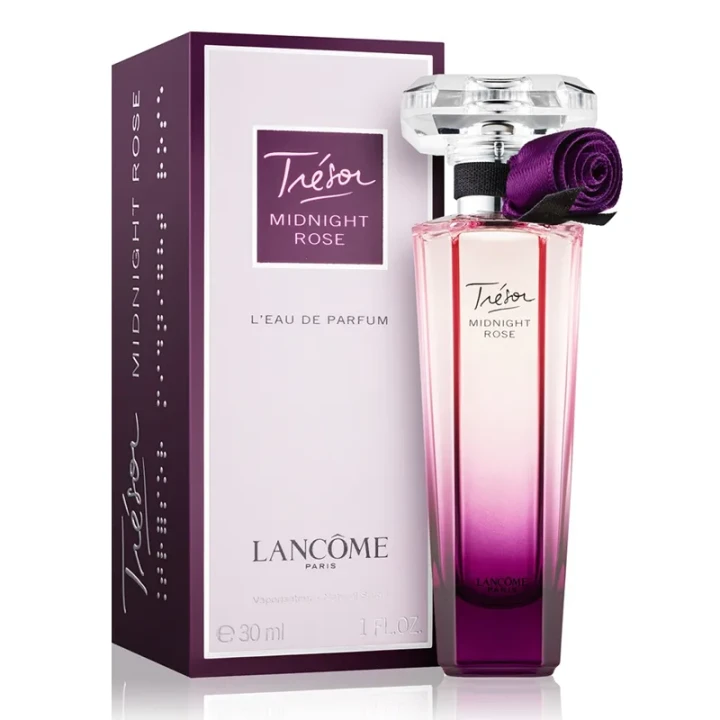 Lancôme Trésor Midnight Rose – oryginalne perfumy damskie w fioletowo-transparentnym flakonie z elegancką satynową różą przy szyjce – zdjęcie produktu