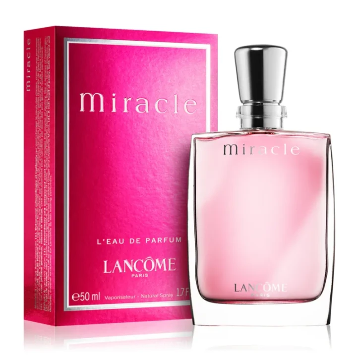 Lancôme Miracle – oryginalne perfumy damskie w różowo-transparentnym prostokątnym flakonie ze srebrną zatyczką – zdjęcie produktu