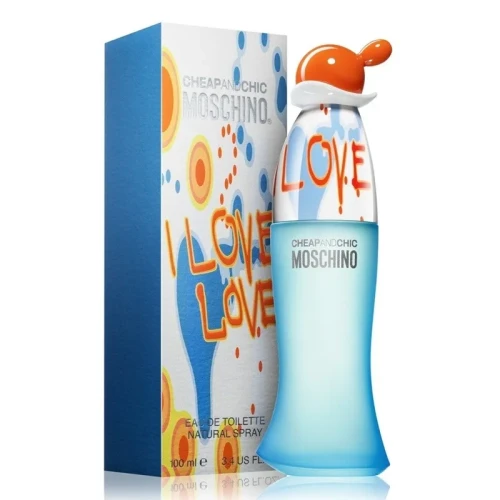 Moschino I Love Love – oryginalne perfumy damskie w kolorowym, pomarańczowo-błękitnym flakonie z charakterystycznym korkiem w kształcie główki – zdjęcie produktu