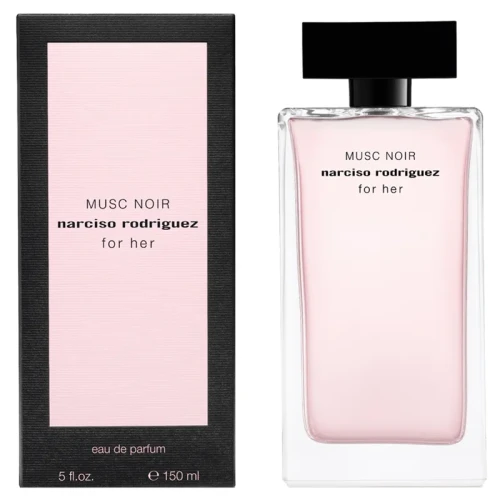 Narciso Rodriguez Musc Noir For Her – oryginalne perfumy damskie w eleganckim, różowo-czarnym prostokątnym flakonie o minimalistycznym designie – zdjęcie produktu
