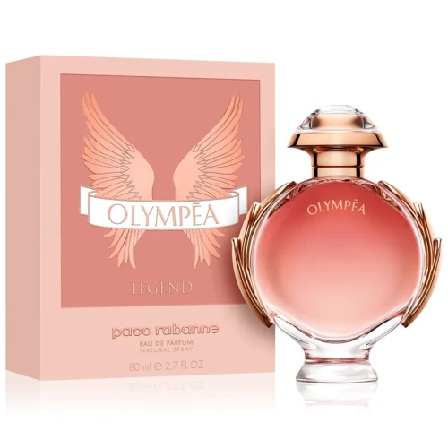 Paco Rabanne Olympea Legend – oryginalne perfumy damskie w różowo-brzoskwiniowym flakonie o kształcie lauru ze złotymi detalami – zdjęcie produktu