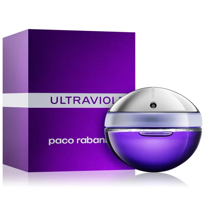Paco Rabanne Ultraviolet – oryginalne perfumy damskie w futurystycznym, fioletowo-transparentnym owalnym flakonie ze srebrnymi elementami – zdjęcie produktu