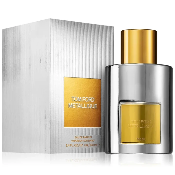 Tom Ford Metallique – oryginalne perfumy damskie w eleganckim, srebrno-złotym cylindrycznym flakonie o minimalistycznym designie – zdjęcie produktu