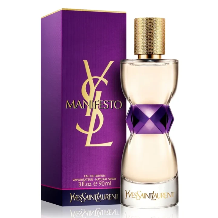 Yves Saint Laurent Manifesto – oryginalne perfumy damskie w eleganckim, fioletowo-przezroczystym flakonie z subtelnymi złotymi detalami, inspirowanym kobiecą sylwetką – zdjęcie produktu