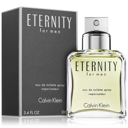 Calvin Klein Eternity for Men – oryginalne perfumy męskie w klasycznym, transparentnym prostokątnym flakonie z zielonym akcentem – zdjęcie produktu