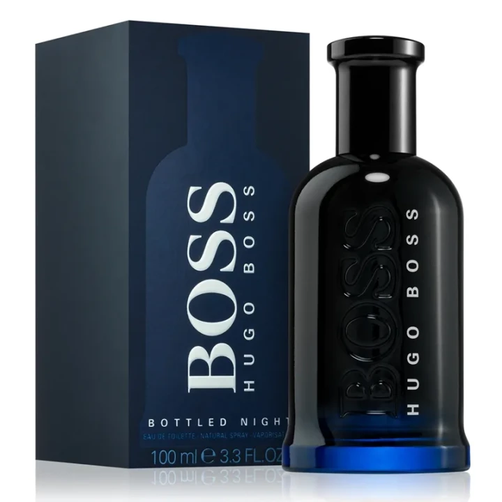 Hugo Boss Bottled Night – oryginalne perfumy męskie w eleganckim, granatowo-transparentnym cylindrycznym flakonie o wieczorowym charakterze – zdjęcie produktu