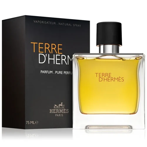 Hermès Terre d’Hermès – oryginalne perfumy męskie w eleganckim, transparentno-bursztynowym flakonie o minimalistycznym, luksusowym designie – zdjęcie produktu