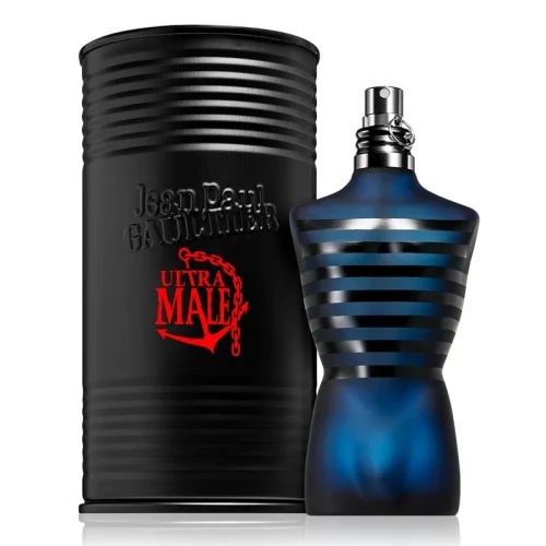Jean Paul Gaultier Ultra Male – oryginalne perfumy męskie w charakterystycznym, granatowo-czarnym flakonie w kształcie męskiego torsu z metalicznymi paskami – zdjęcie produktu
