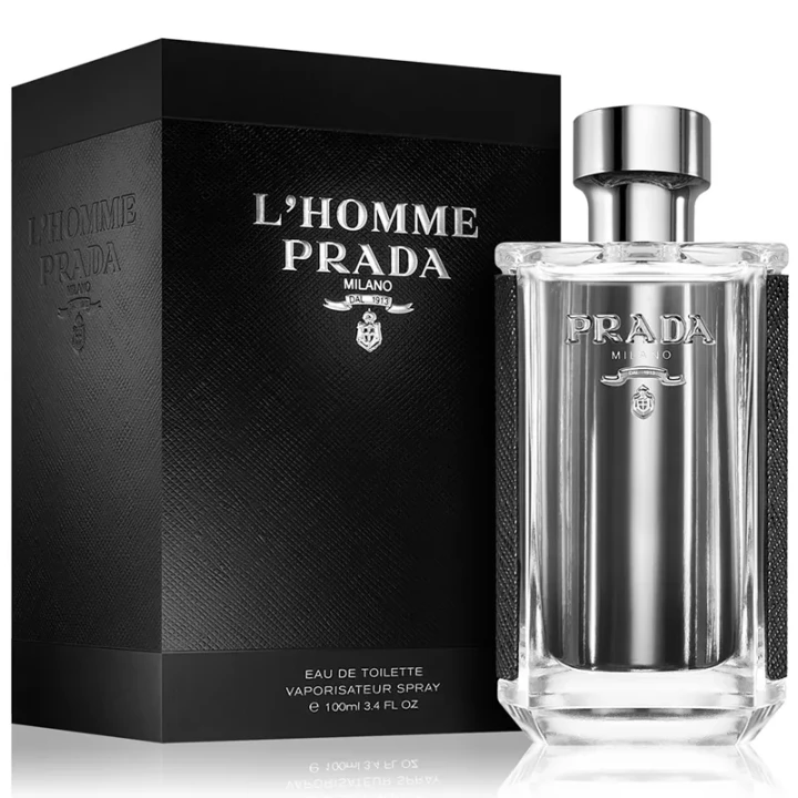 Prada L’Homme – oryginalne perfumy męskie w eleganckim, srebrno-transparentnym flakonie z minimalistyczną etykietą – zdjęcie produktu