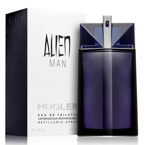 Thierry Mugler Alien Man – oryginalne perfumy męskie w eleganckim, ciemno-niebiesko-czarnym flakonie o futurystycznym, minimalistycznym designie – zdjęcie produktu