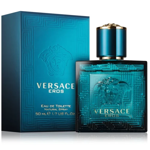 Versace Eros – oryginalne perfumy męskie w intensywnie turkusowym flakonie z wytłoczonym motywem Meduzy – zdjęcie produktu
