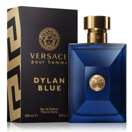 Versace Dylan Blue – oryginalne perfumy męskie w eleganckim, ciemno-niebieskim flakonie z charakterystycznym złotym motywem Meduzy – zdjęcie produktu