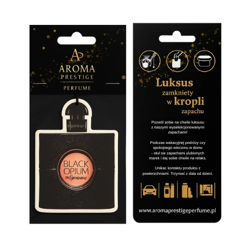 Zawieszka zapachowa inspirowana Yves Saint Laurent Black Opium. Zmysłowy, słodki zapach do auta, szafy lub domu. Sprawdź ofertę Aroma Prestige!