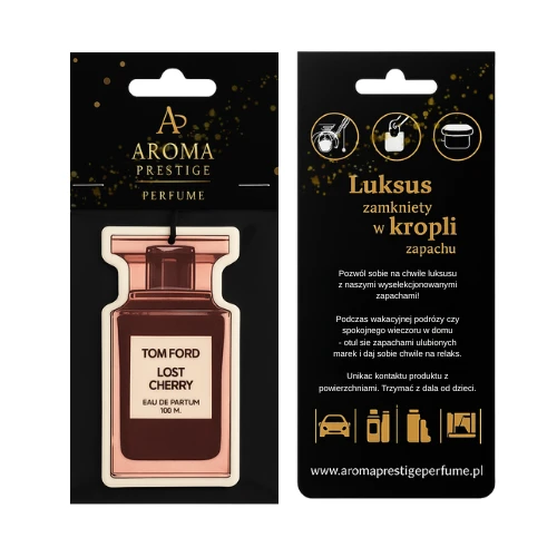 Zmysłowa zawieszka zapachowa inspirowana Tom Ford Lost Cherry. Luksusowy aromat wiśni i wanilii do auta i domu. Sprawdź w Aroma Prestige!