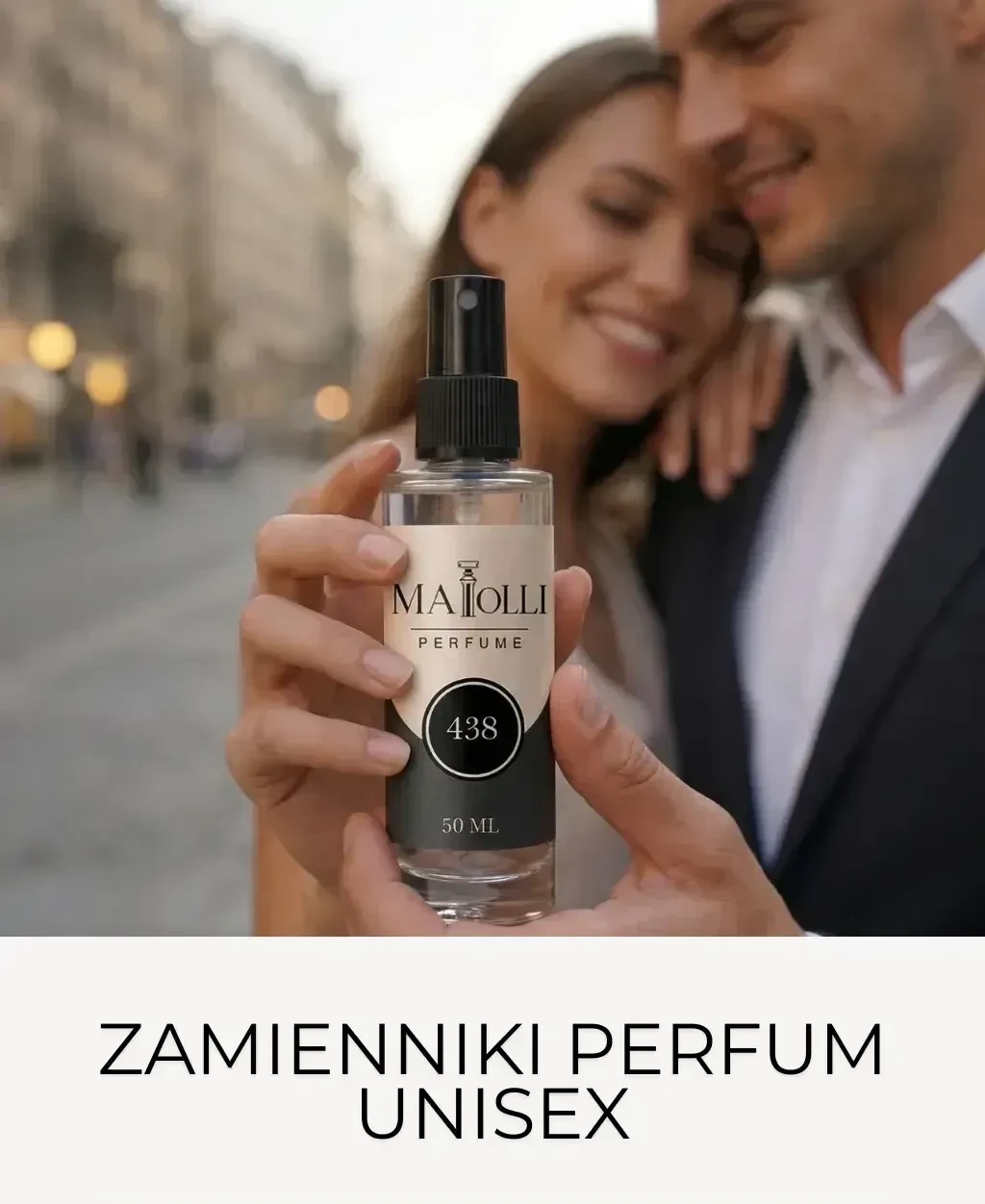 Zamienniki perfum unisex MAIOLLI – trwałe perfumy inspirowane, elegancki flakon 50 ml w dłoni, zapach dla kobiet i mężczyzn