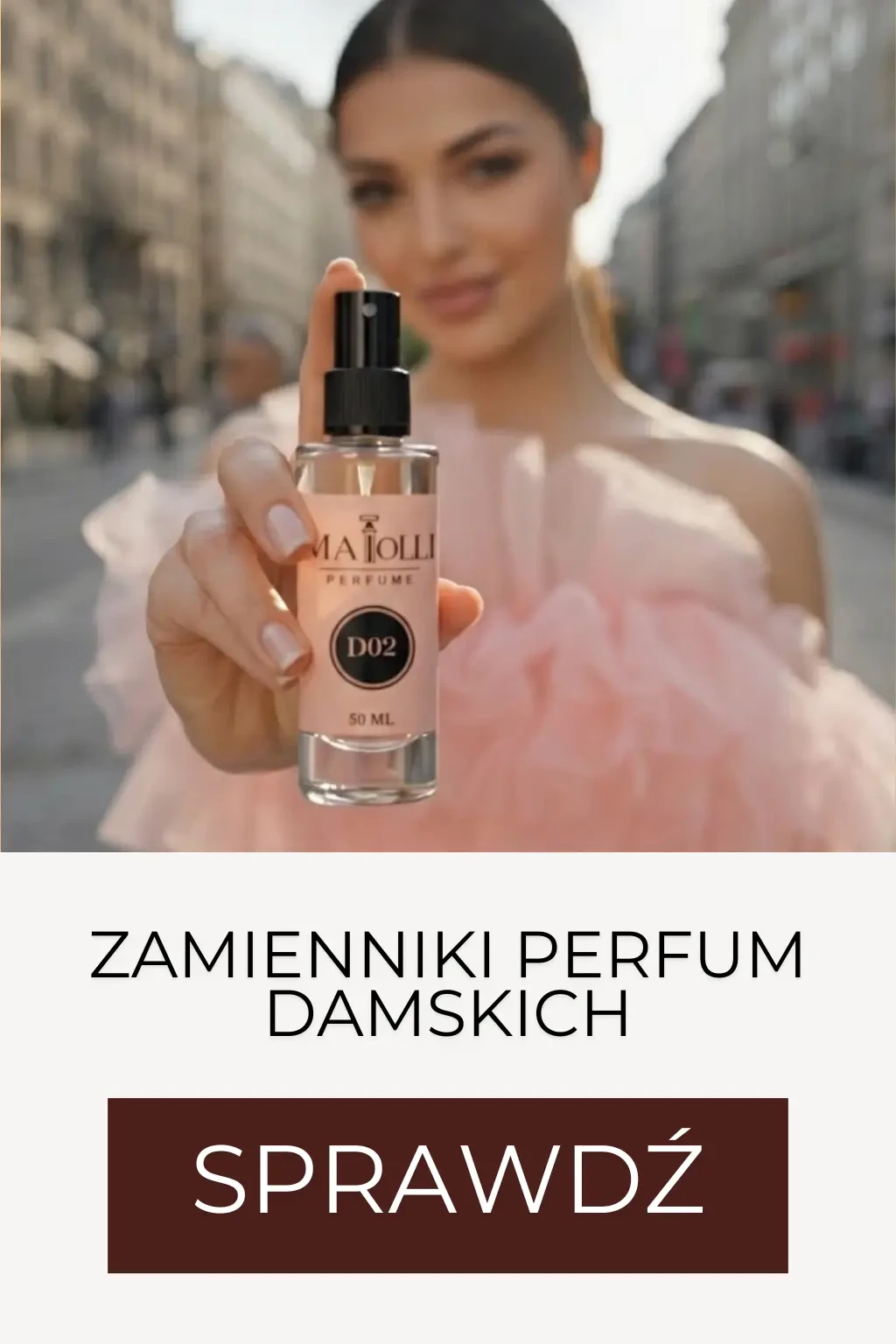 Zamienniki perfum damskich – elegancki flakon inspirowanego zapachu prezentowany przez modelkę