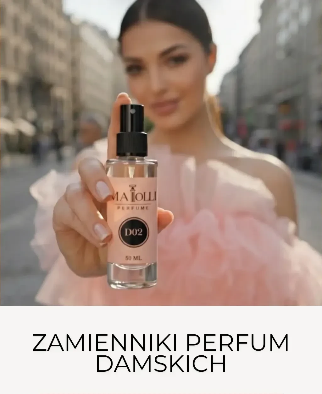 Zamienniki perfum damskich – elegancki flakon inspirowanego zapachu prezentowany przez modelkę