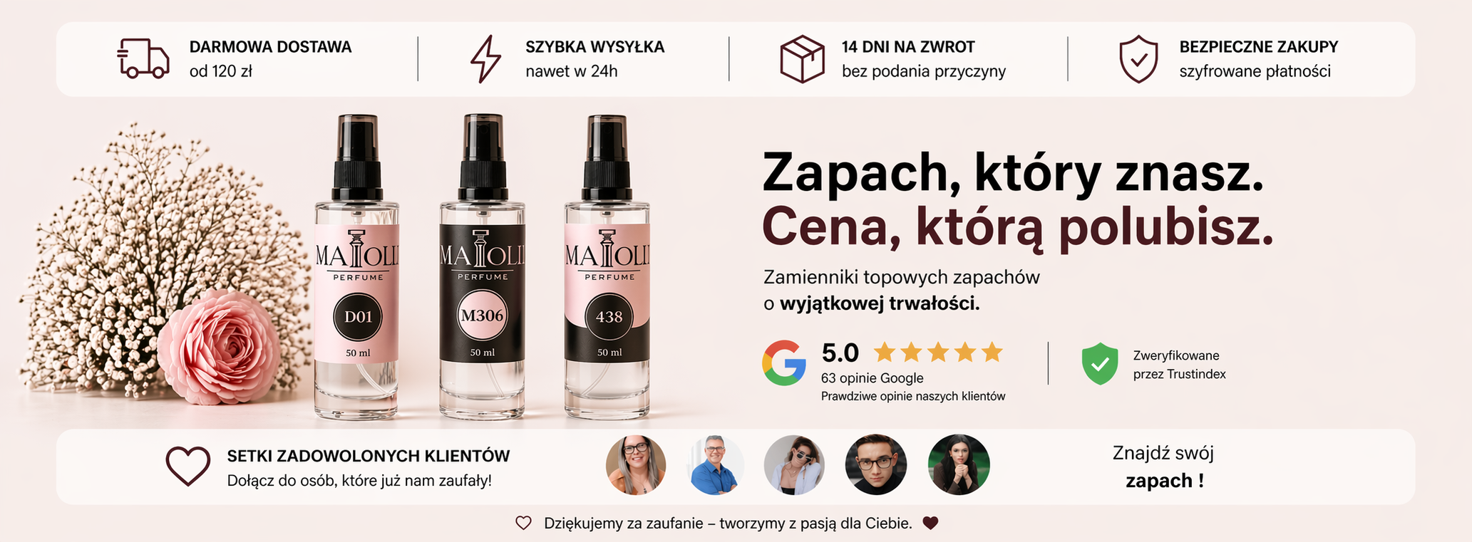 zamienniki perfum MAIOLLI – trwałe odpowiedniki znanych zapachów, butelki 50 ml, opinie 5.0 Google, darmowa dostawa od 120 zł