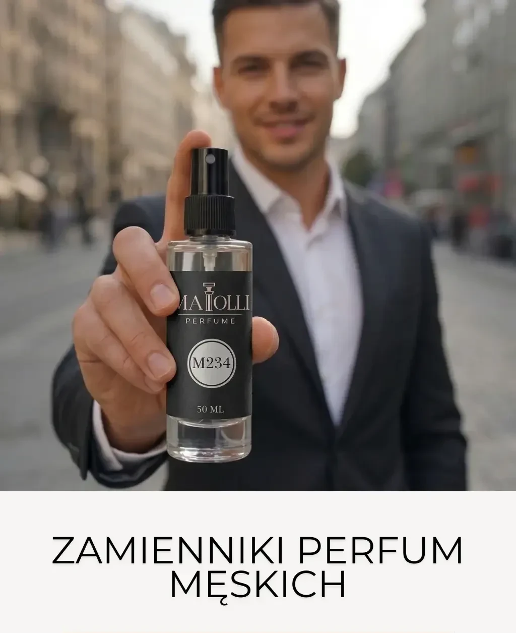 Zamienniki perfum męskich MAIOLLI – trwałe perfumy inspirowane, elegancki flakon 50 ml w dłoni, męski zapach o wysokiej trwałości
